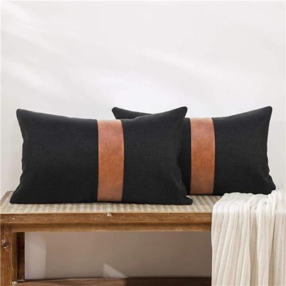 Set of 2 Black Linen Patchwork Faux Leather Throw Lumbar Pillow Covers for Couch - Picture 5 of 6